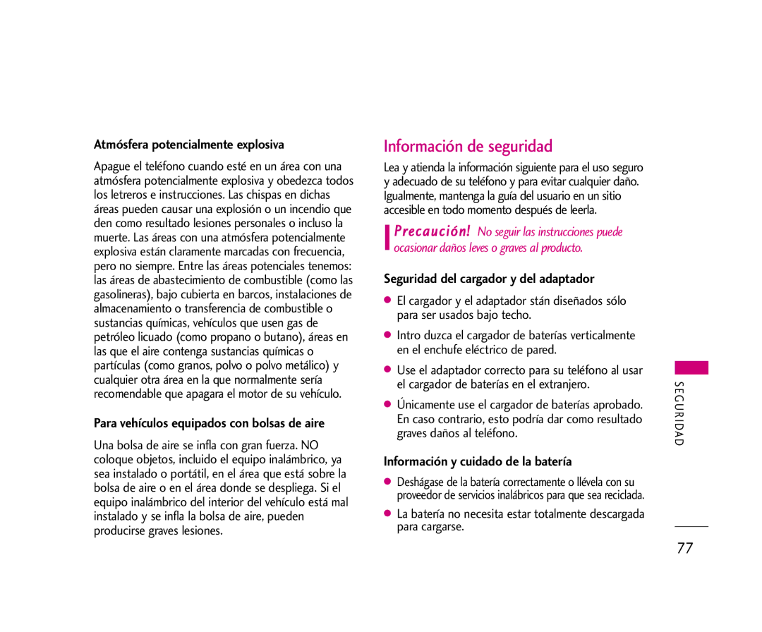 LG Electronics AX245 Información de seguridad, Atmósfera potencialmente explosiva, Seguridad del cargador y del adaptador 