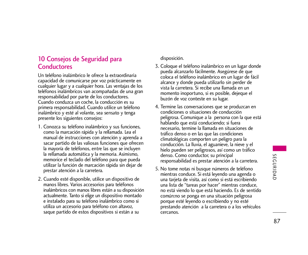 LG Electronics AX245 manual Consejos de Seguridad para Conductores, Disposición 