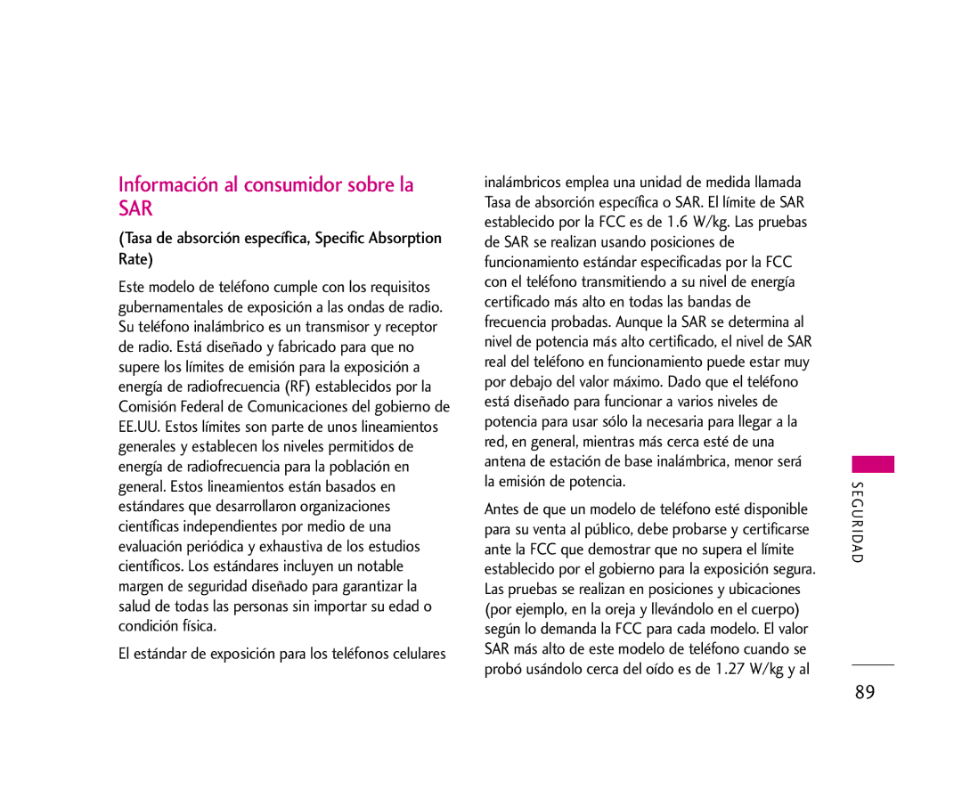 LG Electronics AX245 manual Información al consumidor sobre la, Tasa de absorción específica, Specific Absorption Rate 