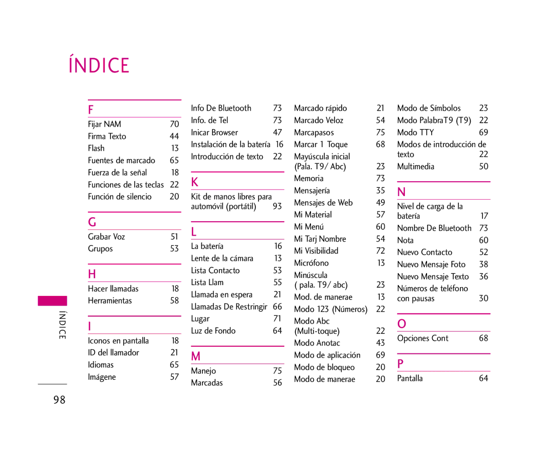 LG Electronics AX245 manual Inicar Browser Marcapasos Modo TTY Firma Texto, Flash, Mayúscula inicial Texto, Mensajería 