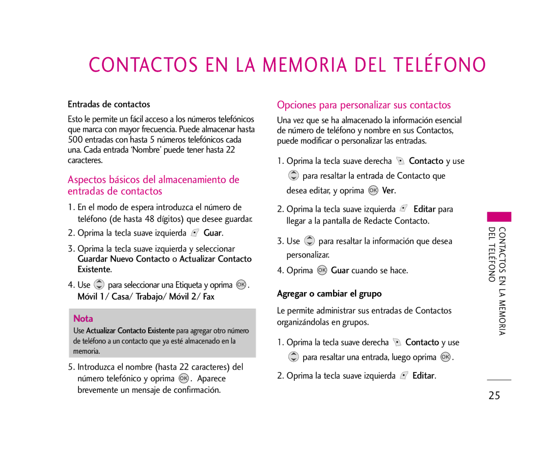 LG Electronics AX245 manual Opciones para personalizar sus contactos, Entradas de contactos, Agregar o cambiar el grupo 