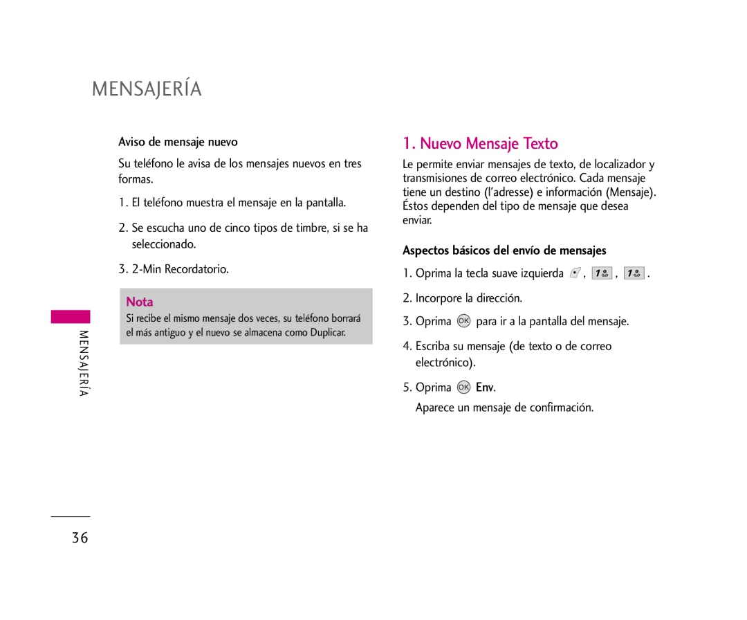 LG Electronics AX245 manual Nuevo Mensaje Texto, Aviso de mensaje nuevo, Aspectos básicos del envío de mensajes 