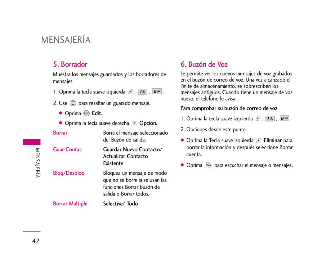 LG Electronics AX245 manual Borrador, Buzón de Voz, Para comprobar su buzón de correo de voz, Bloq/Desbloq, Borrar Multiple 