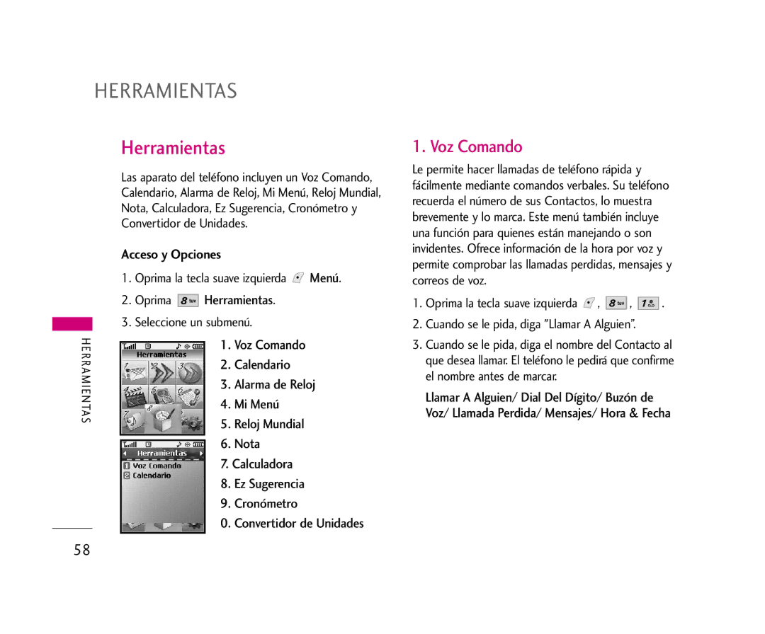 LG Electronics AX245 manual Herramientas, Voz Comando 