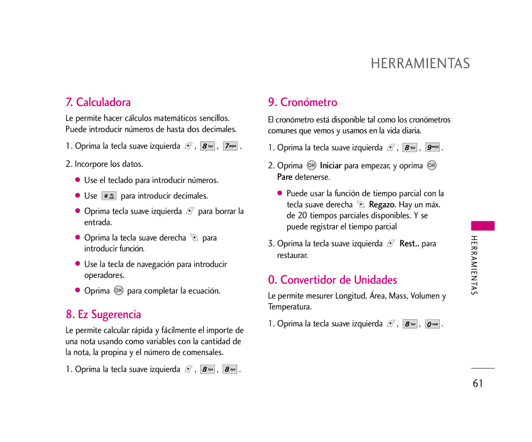 LG Electronics AX245 manual Calculadora, Ez Sugerencia, Cronómetro, Convertidor de Unidades, Rest.. para 