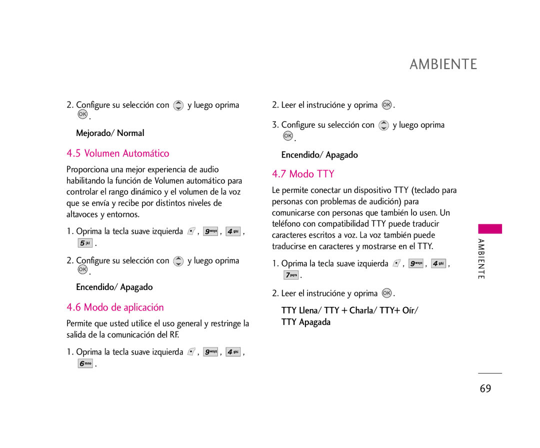 LG Electronics AX245 manual Volumen Automático, Modo de aplicación, Modo TTY, TTY Llena/ TTY + Charla/ TTY+ Oír TTY Apagada 