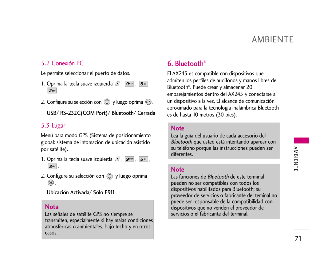 LG Electronics AX245 manual Conexión PC, Lugar, Ubicación Activada/ Sólo E911, Le permite seleccionar el puerto de datos 