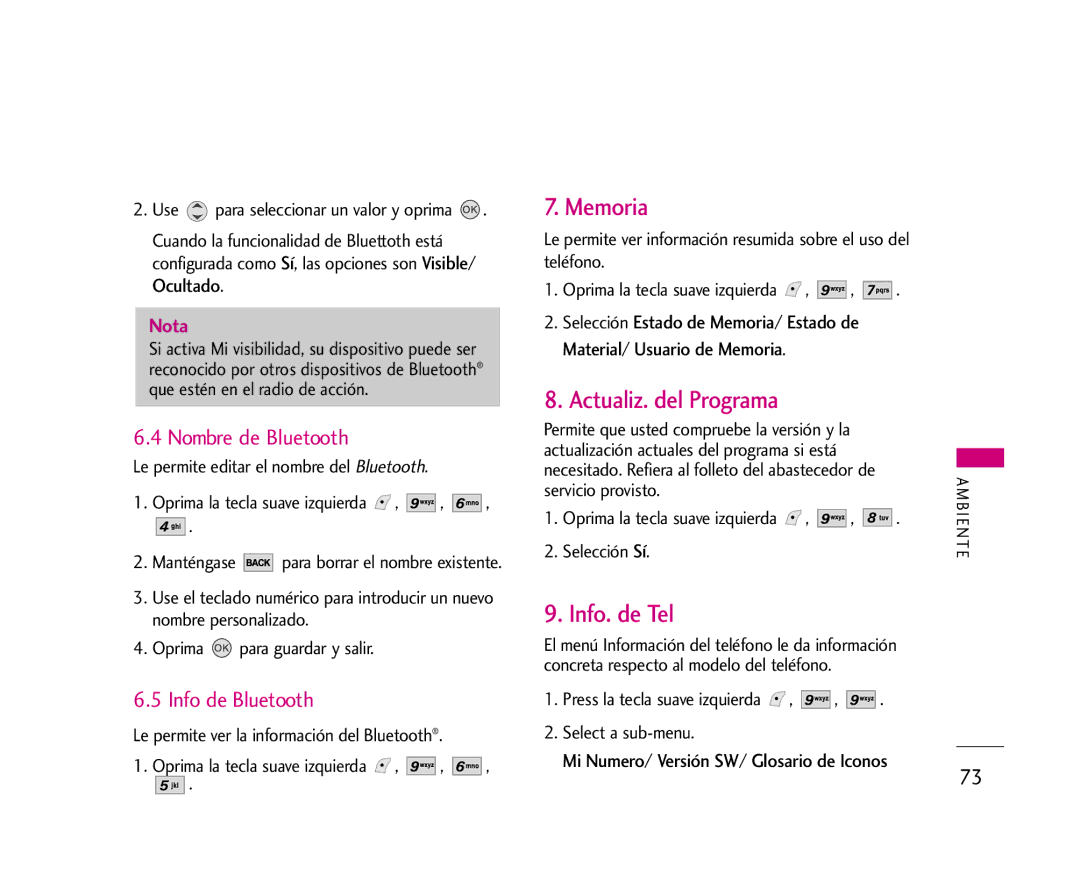 LG Electronics AX245 manual Memoria, Actualiz. del Programa, Info. de Tel, Nombre de Bluetooth, Info de Bluetooth 