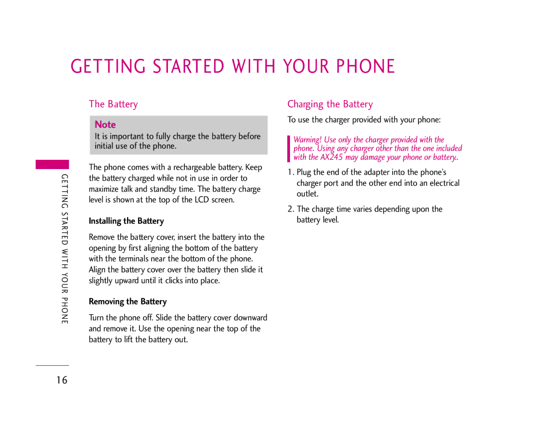 LG Electronics AX245 manual Getting Started with Your Phone, Charging the Battery, Installing the Battery 