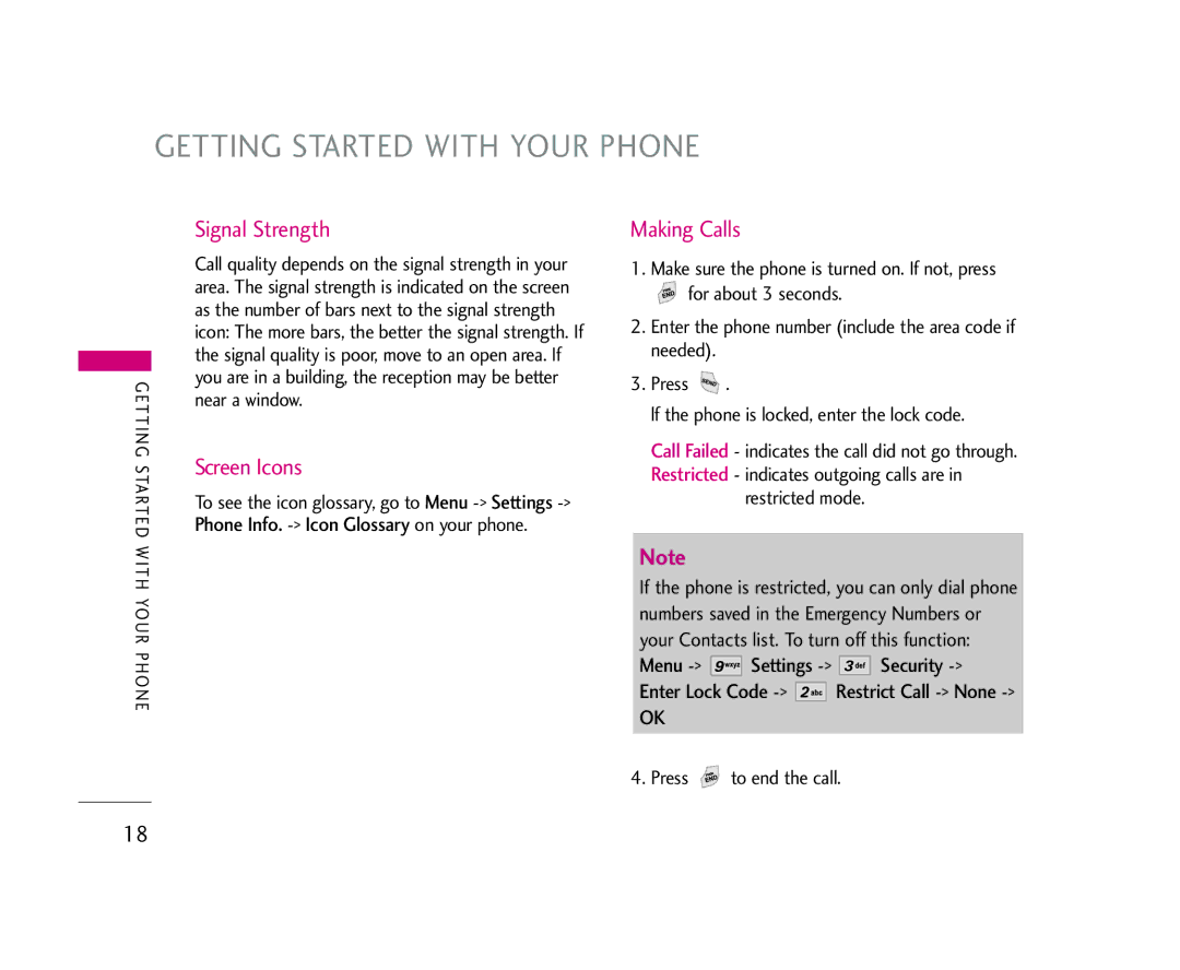 LG Electronics AX245 Getting Started with Your Phone, Signal Strength, Screen Icons, Making Calls, Menu Settings Security 
