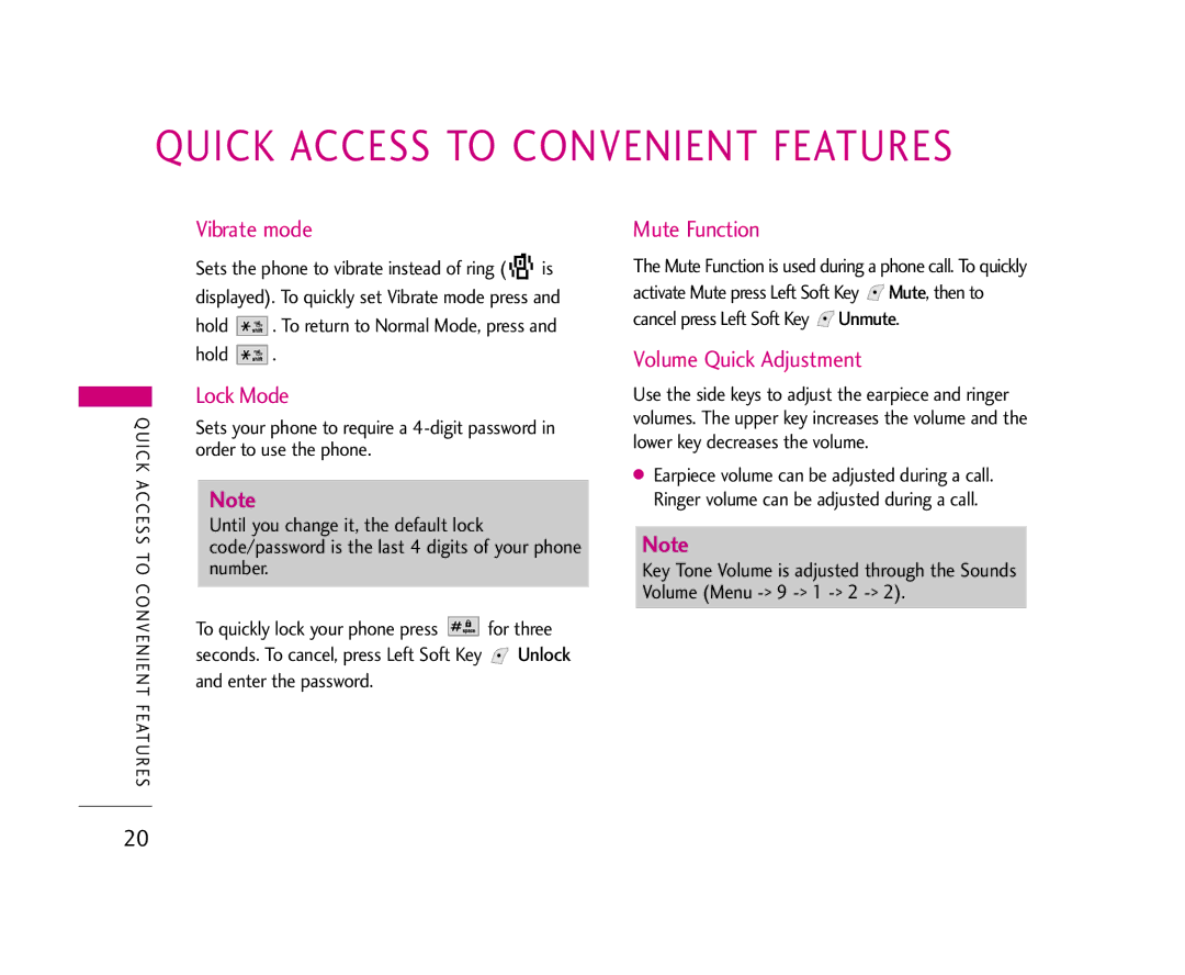 LG Electronics AX245 manual Vibrate mode, Lock Mode, Mute Function, Volume Quick Adjustment 