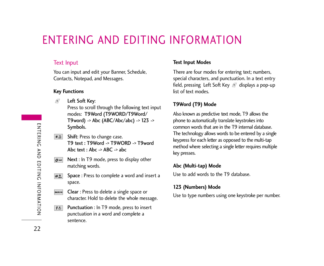 LG Electronics AX245 manual Entering and Editing Information, Text Input 