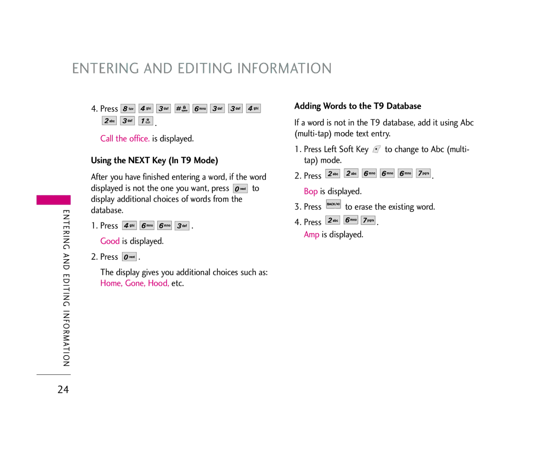 LG Electronics AX245 Entering and Editing Information, Using the Next Key In T9 Mode, Adding Words to the T9 Database 