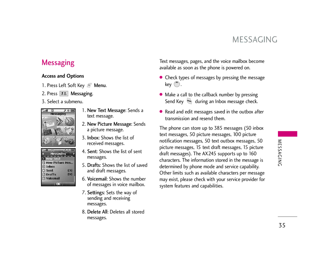LG Electronics AX245 manual Access and Options, Press Messaging 
