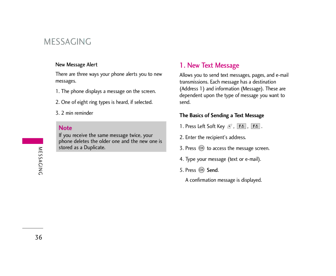 LG Electronics AX245 manual New Text Message, New Message Alert, Basics of Sending a Text Message, Stored as a Duplicate 