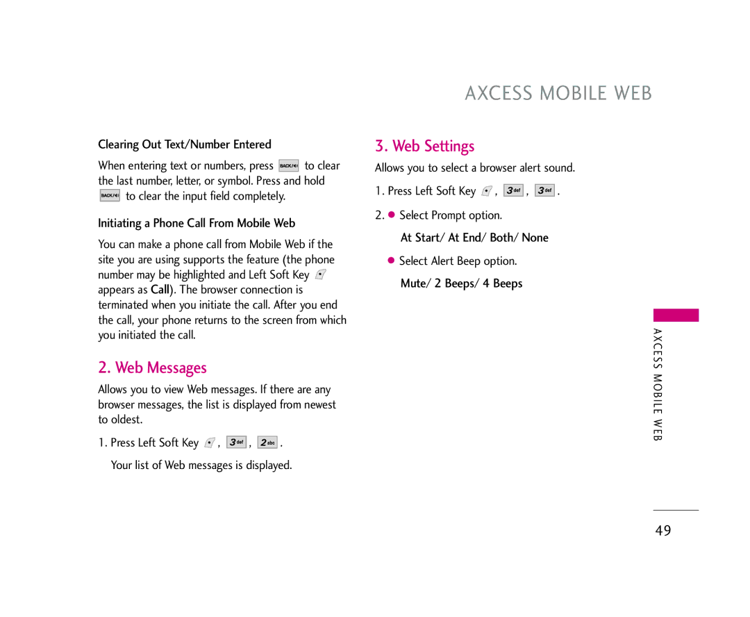 LG Electronics AX245 Web Messages, Web Settings, Clearing Out Text/Number Entered, Initiating a Phone Call From Mobile Web 
