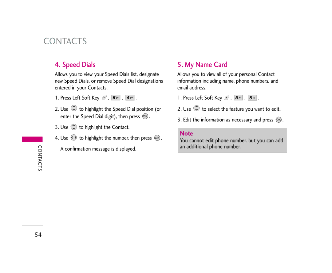 LG Electronics AX245 manual Speed Dials, My Name Card, Use to highlight the Contact, To highlight the number, then press 