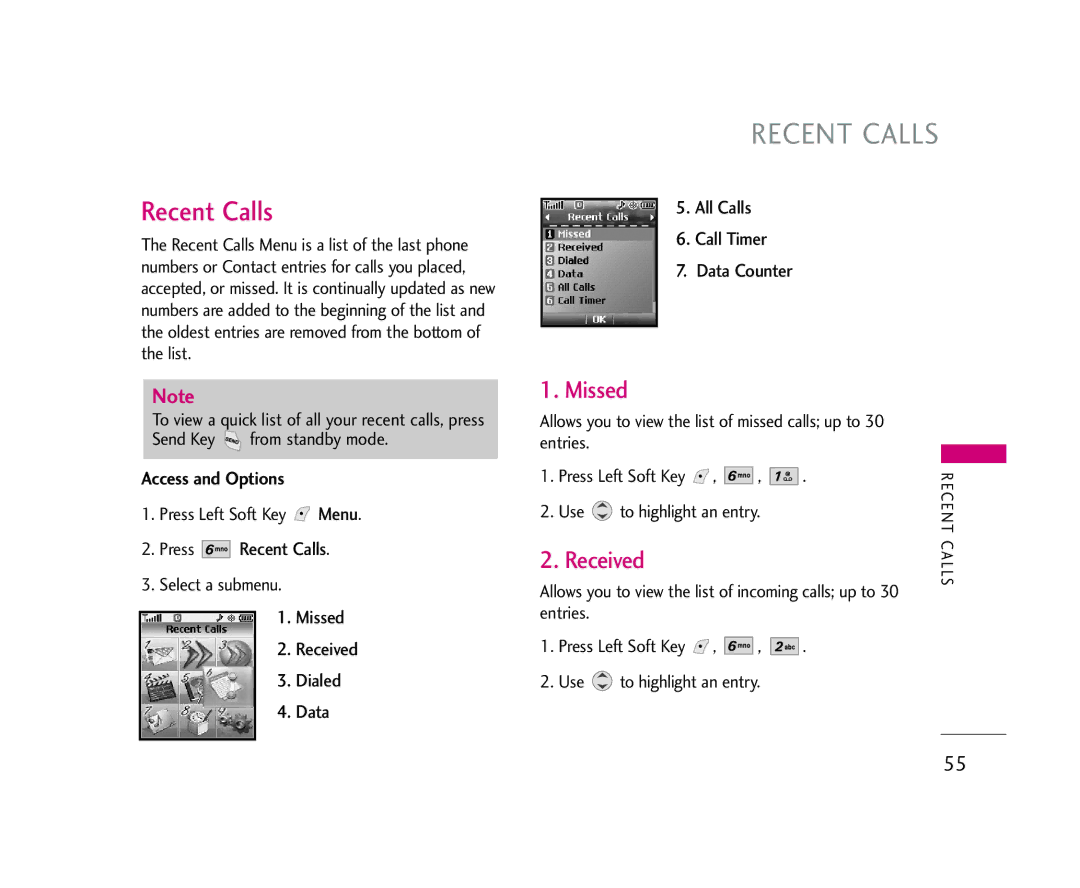 LG Electronics AX245 manual Recent Calls, Missed, Received 