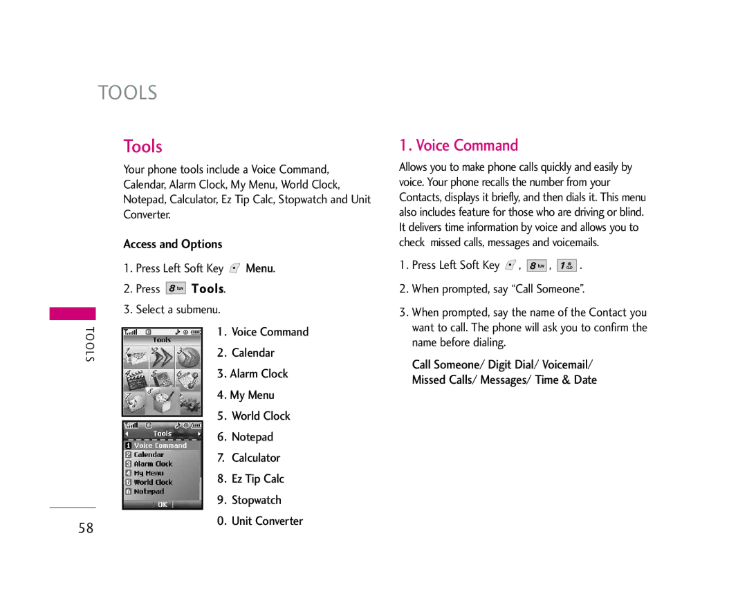 LG Electronics AX245 manual Tools, Voice Command 