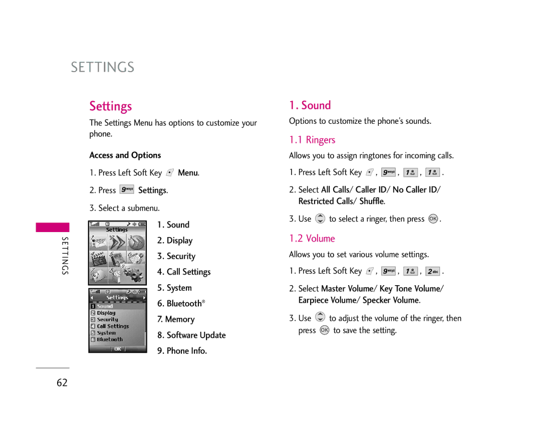 LG Electronics AX245 manual Settings, Sound, Ringers, Volume 