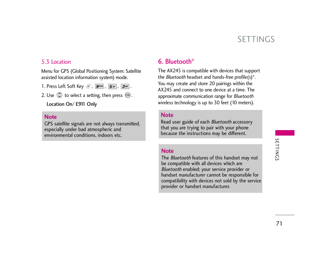 LG Electronics AX245 manual Location, Provider or handset manufacturer, Bluetooth features of this handset may not 