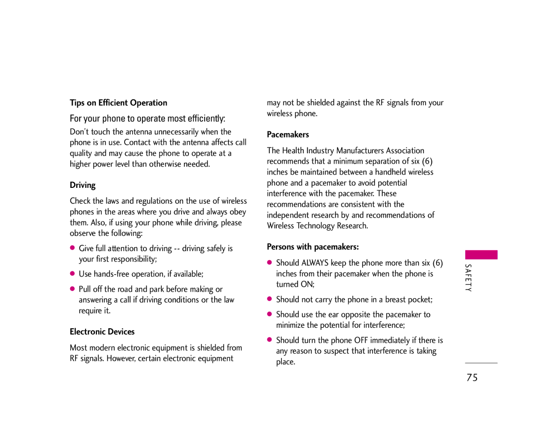 LG Electronics AX245 manual Tips on Efficient Operation, Driving, Electronic Devices, Pacemakers, Persons with pacemakers 