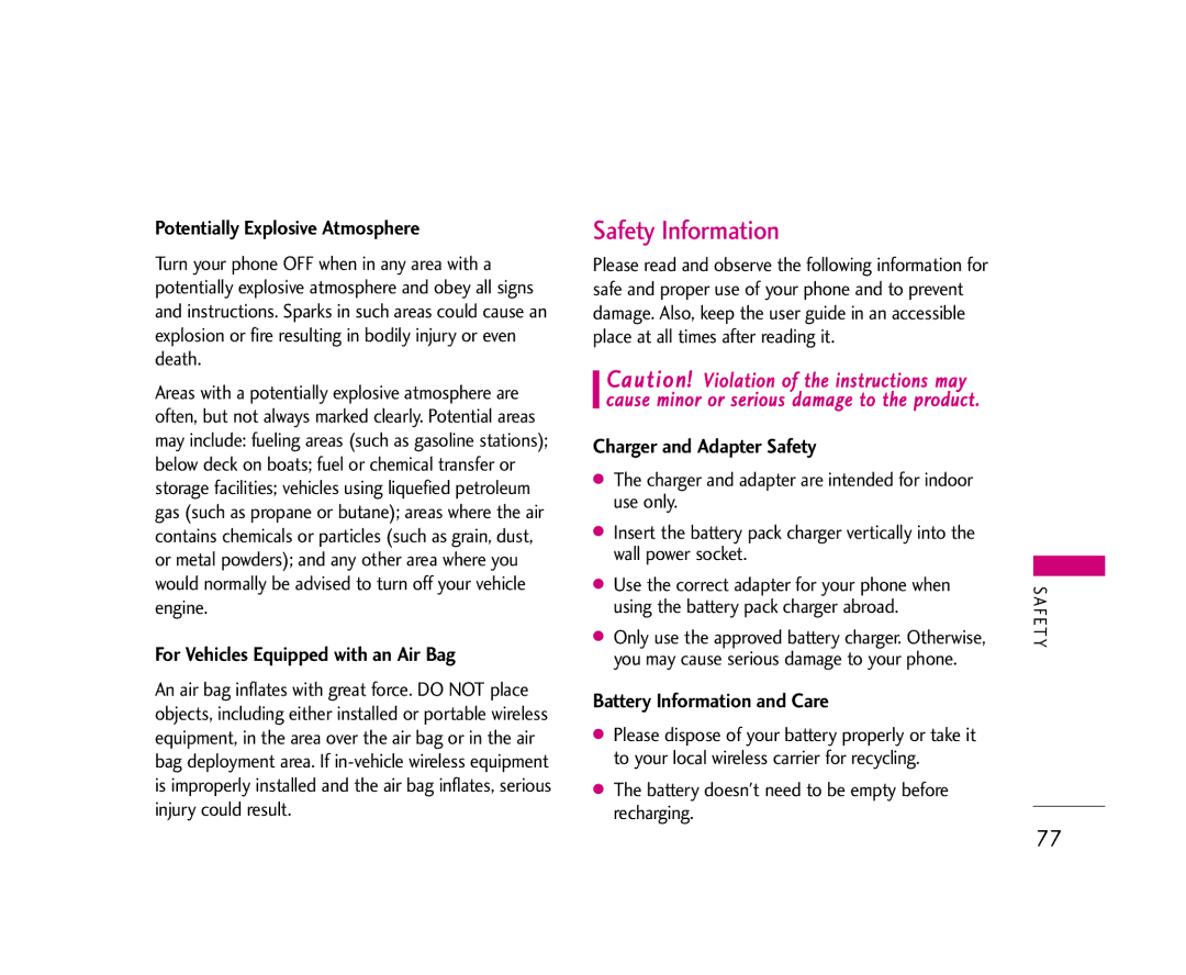 LG Electronics AX245 manual Safety Information, Potentially Explosive Atmosphere, For Vehicles Equipped with an Air Bag 