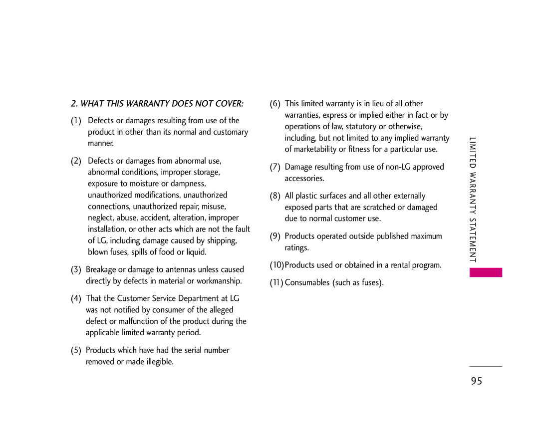 LG Electronics AX245 manual What this Warranty does not Cover, Damage resulting from use of non-LG approved accessories 