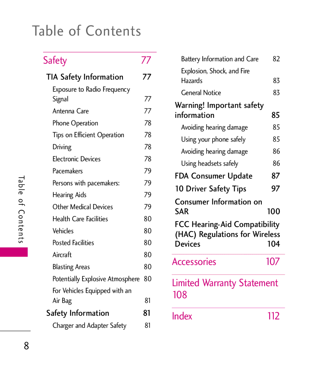 LG Electronics AX260 manual Safety, Accessories, 108, Index 