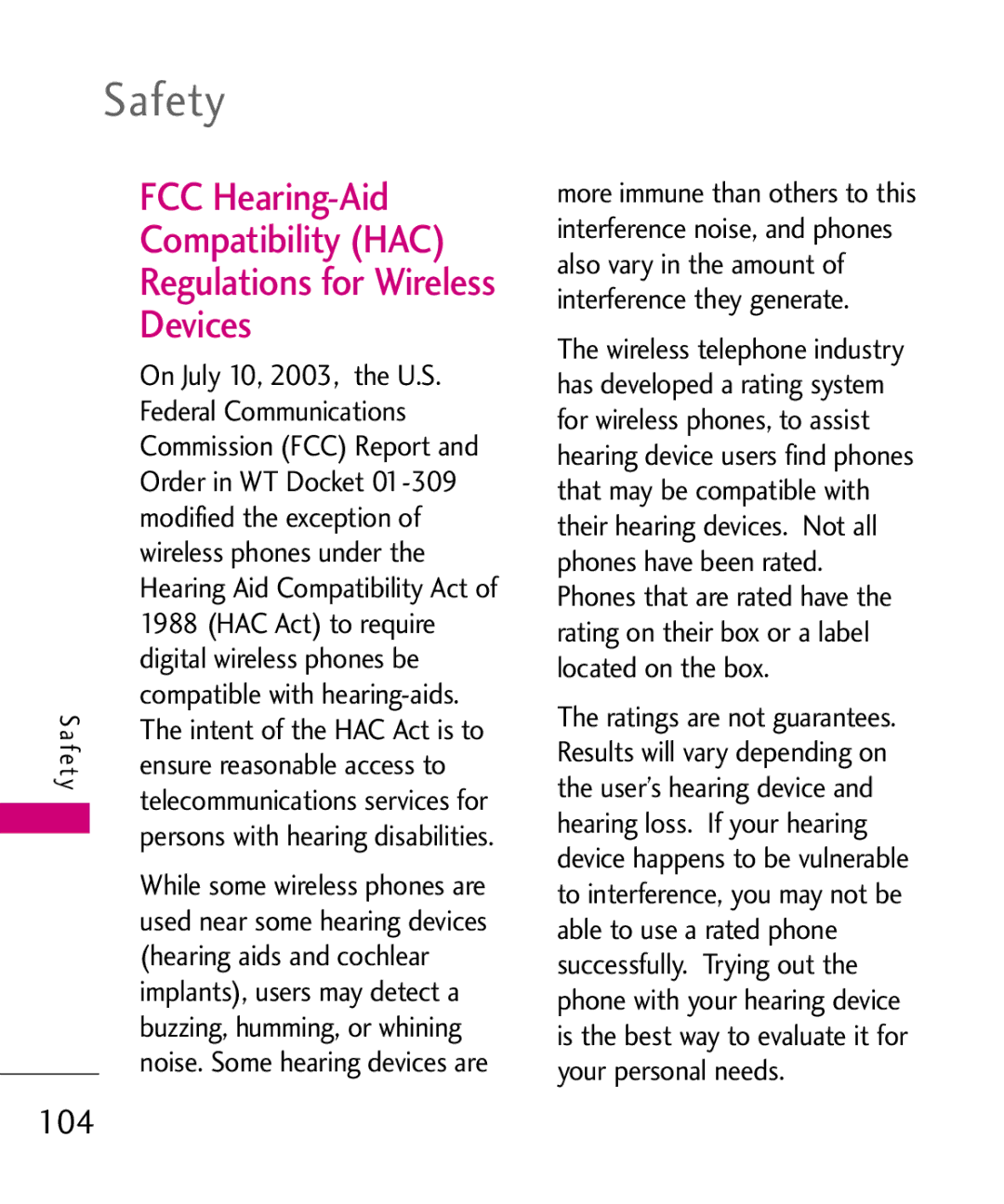 LG Electronics AX260 manual FCC Hearing-Aid Compatibility HAC, Devices 