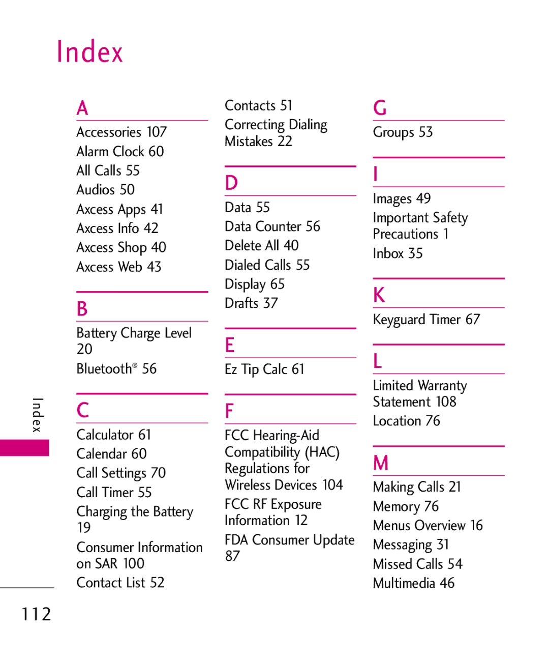 LG Electronics AX260 manual Index, On SAR 