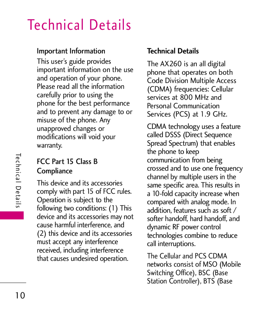 LG Electronics AX260 Important Information, FCC Part 15 Class B, Compliance, Technical Details, Operation is subject to 