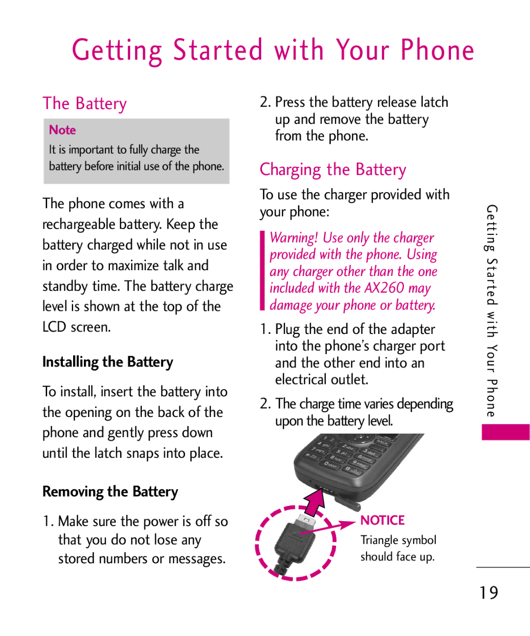 LG Electronics AX260 manual Charging the Battery, Installing the Battery, Removing the Battery 