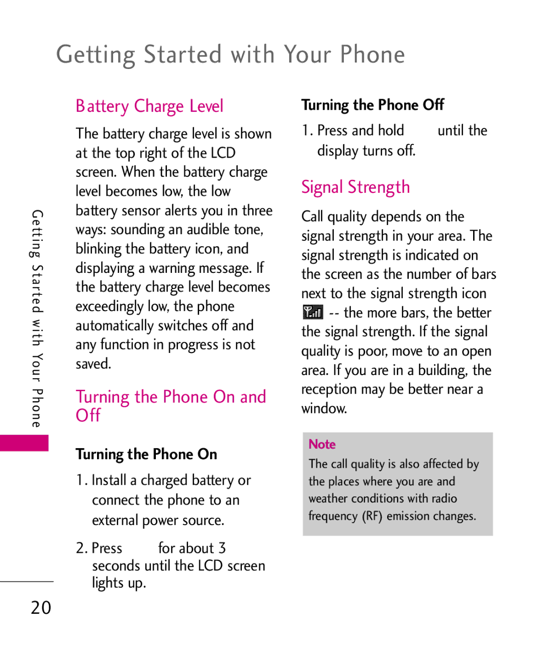 LG Electronics AX260 Getting Started with Your Phone, Battery Charge Level, Turning the Phone On Off, Signal Strength 