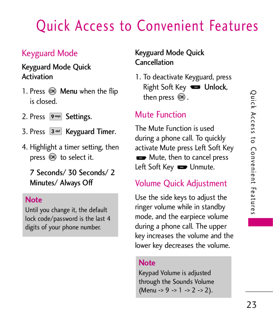 LG Electronics AX260 manual Keyguard Mode, Mute Function, Volume Quick Adjustment 