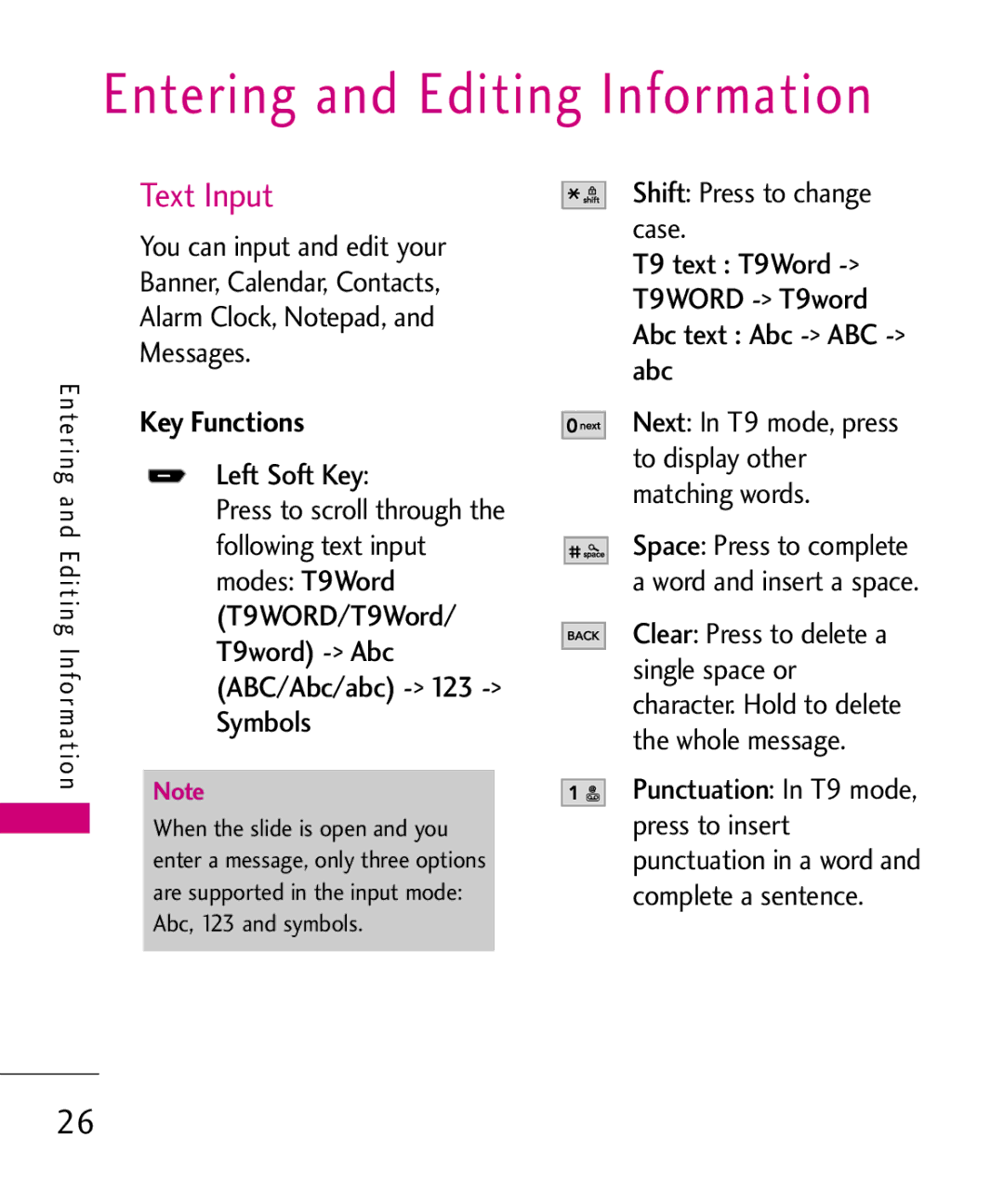 LG Electronics AX260 manual Entering and Editing Information, Text Input, Key Functions 