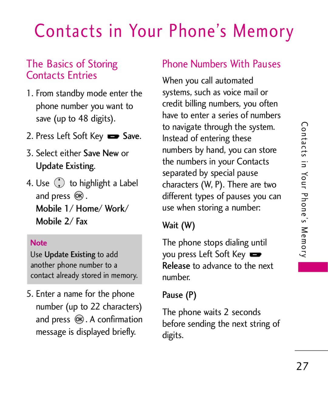 LG Electronics AX260 Mobile 1/ Home/ Work/ Mobile 2/ Fax, Basics of Storing Contacts Entries, Phone Numbers With Pauses 