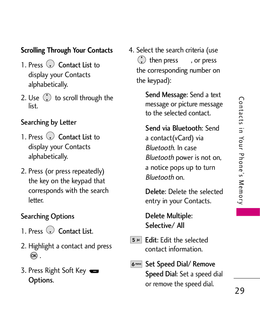 LG Electronics AX260 manual Press Contact List, Delete Multiple Selective/ All, Searching Options, Set Speed Dial/ Remove 