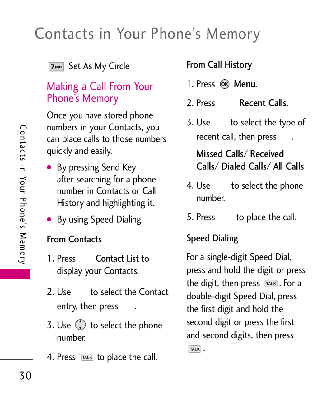 LG Electronics AX260 manual Press Recent Calls, Set As My Circle, By using Speed Dialing From Contacts 