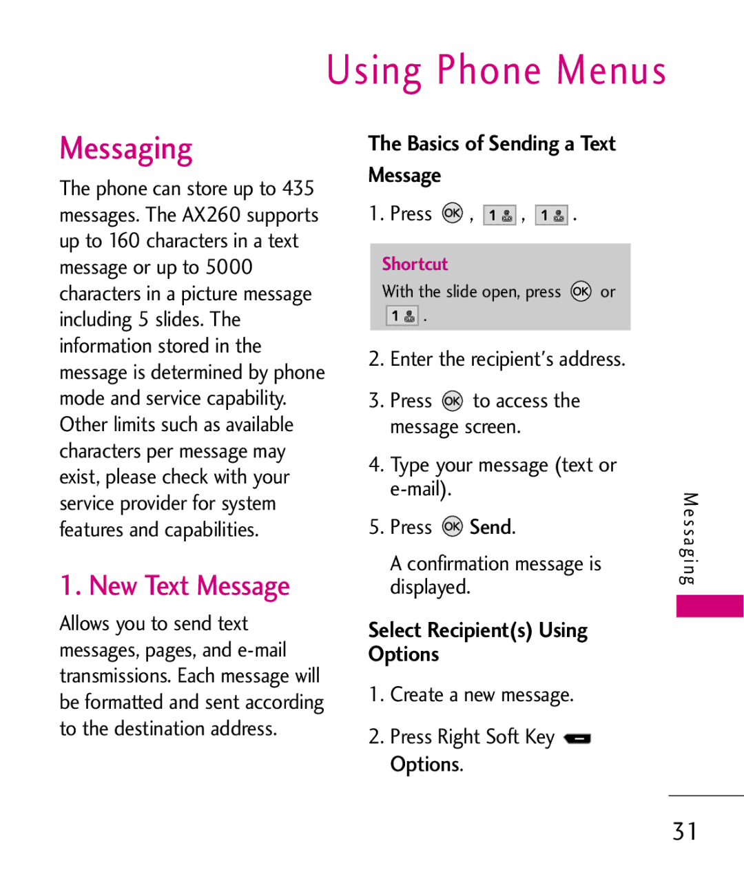 LG Electronics AX260 manual Using Phone Menus, New Text Message, Basics of Sending a Text Message 