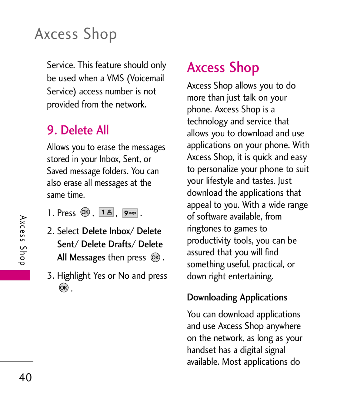 LG Electronics AX260 manual Axcess Shop, Delete All, Downloading Applications 