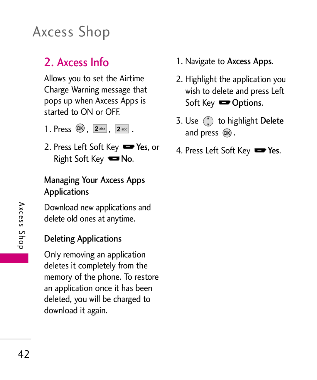 LG Electronics AX260 manual Axcess Info, Managing Your Axcess Apps Applications, Deleting Applications 