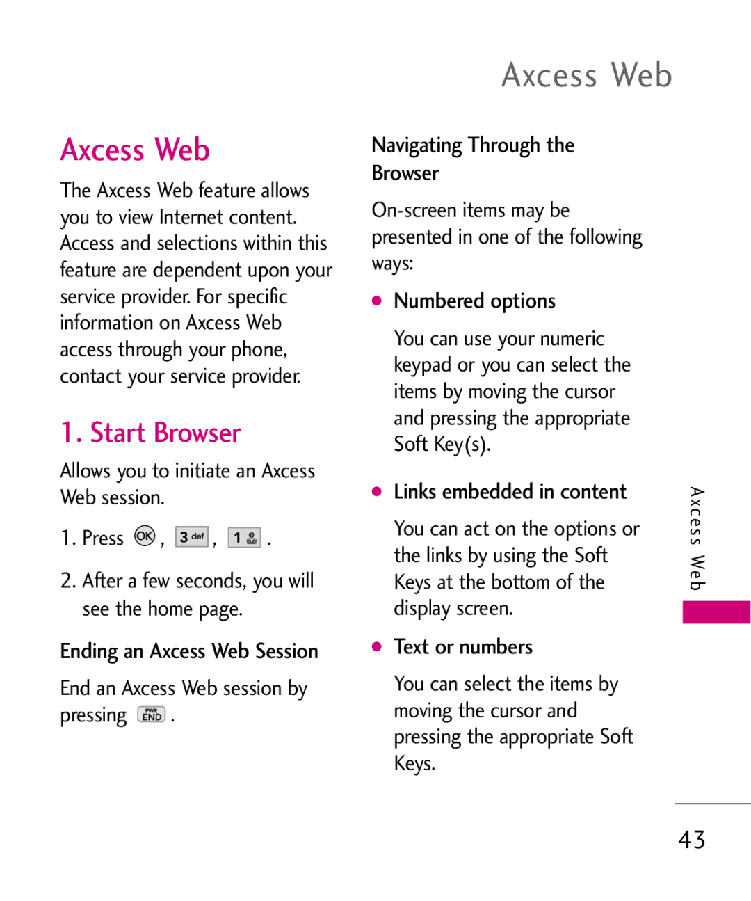 LG Electronics AX260 manual Axcess Web, Start Browser 