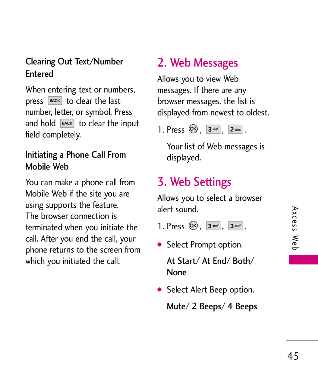 LG Electronics AX260 Web Messages, Web Settings, Clearing Out Text/Number Entered, Initiating a Phone Call From Mobile Web 