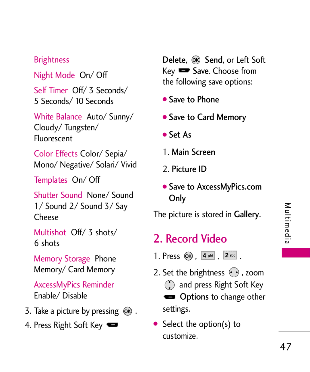 LG Electronics AX260 manual Record Video 