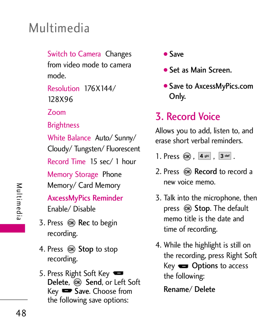 LG Electronics AX260 manual Record Voice, Save Set as Main Screen, Rename/ Delete 