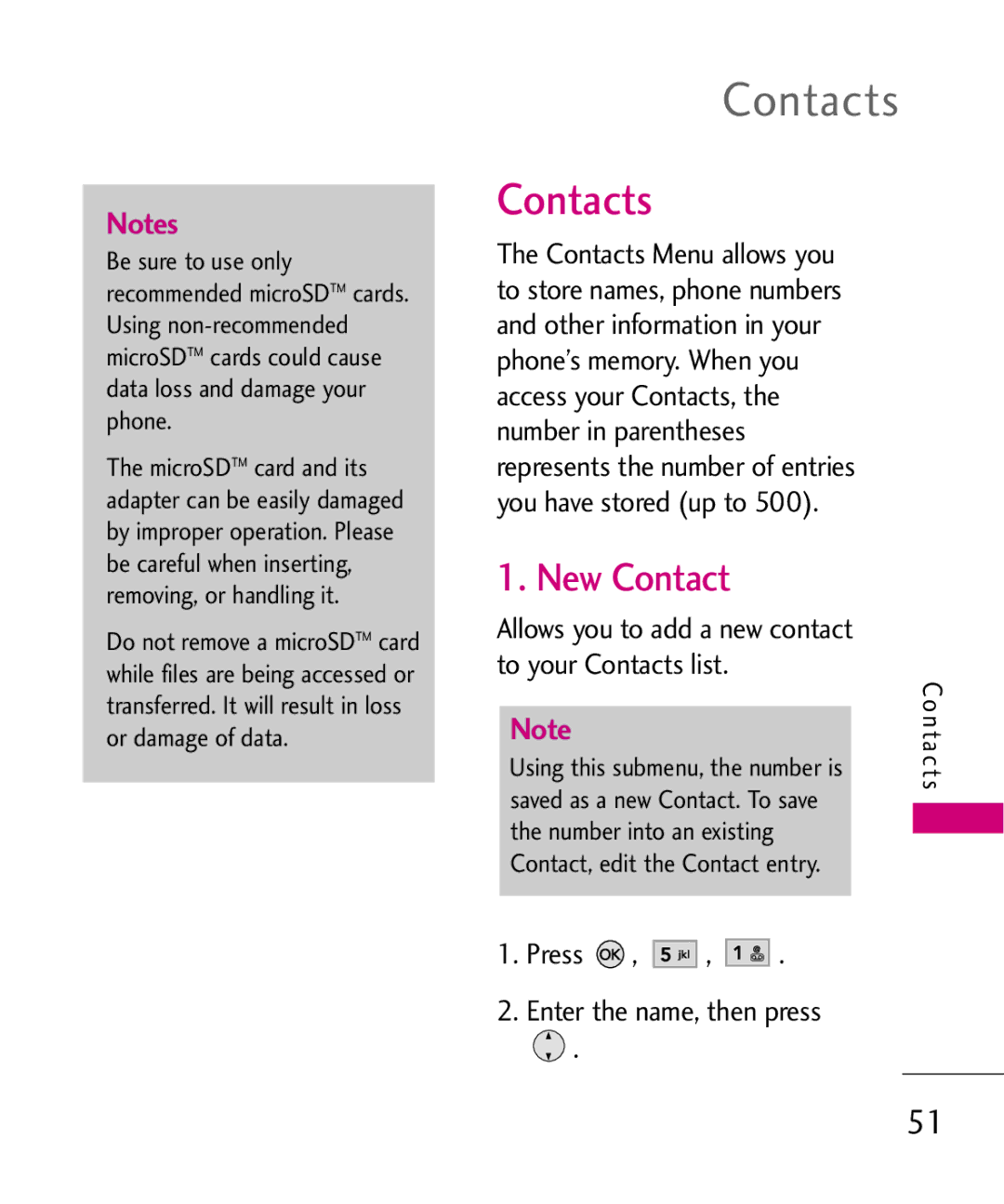 LG Electronics AX260 manual New Contact, To your Contacts list, Press Enter the name, then press 