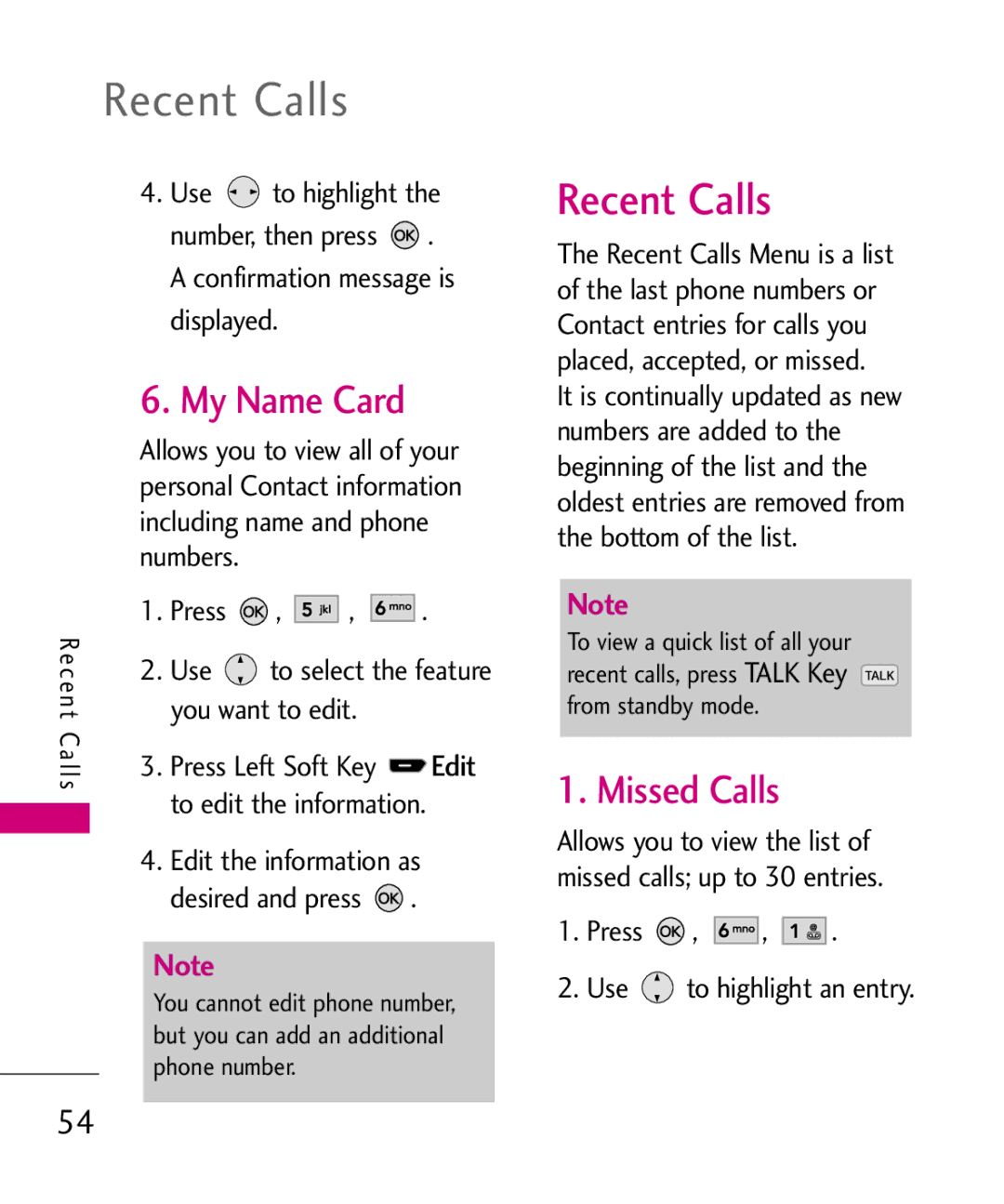 LG Electronics AX260 manual Recent Calls, My Name Card, Missed Calls, Edit 