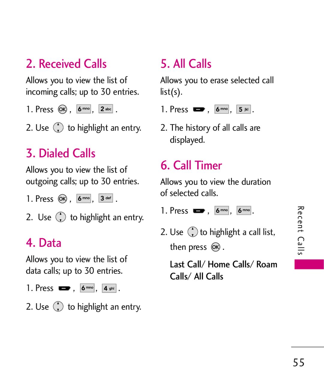 LG Electronics AX260 manual Received Calls, Dialed Calls, Data, All Calls, Call Timer 