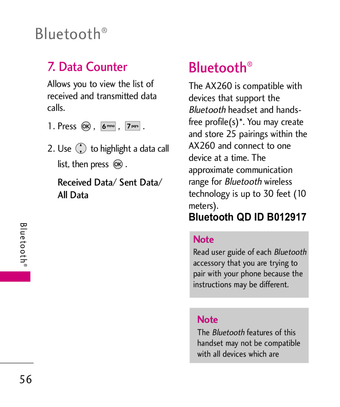 LG Electronics AX260 manual Data Counter, Received Data/ Sent Data/ All Data, Bluetooth QD ID B012917 